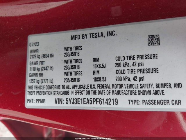 Продаж на аукціоні авто 2023 Tesla Model 3 Rear-wheel Drive, vin: 5YJ3E1EA5PF614219, номер лоту: 46284075