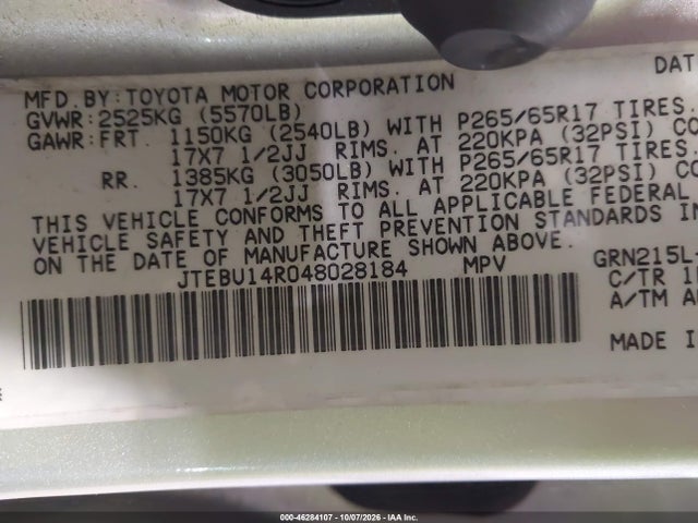 Продажа на аукционе авто 2004 Toyota 4runner Sr5 Sport V6, vin: JTEBU14R048028184, номер лота: 46284107
