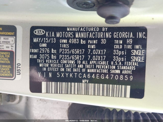 Продаж на аукціоні авто 2014 Kia Sorento Lx, vin: 5XYKTCA64EG470859, номер лоту: 46284112
