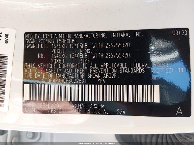 2023 Toyota Highlander Hybrid Platinum მანქანა იყიდება აუქციონზე, vin: 5TDFARAH9PS022831, აუქციონის ნომერი: 46284117