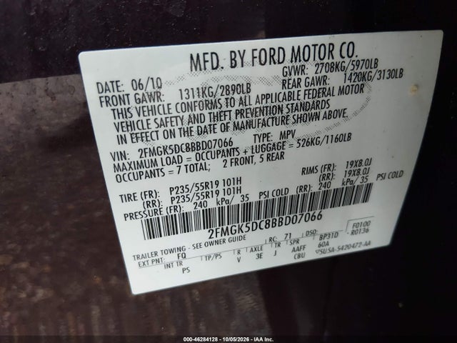 Продаж на аукціоні авто 2011 Ford Flex Limited, vin: 2FMGK5DC8BBD07066, номер лоту: 46284128