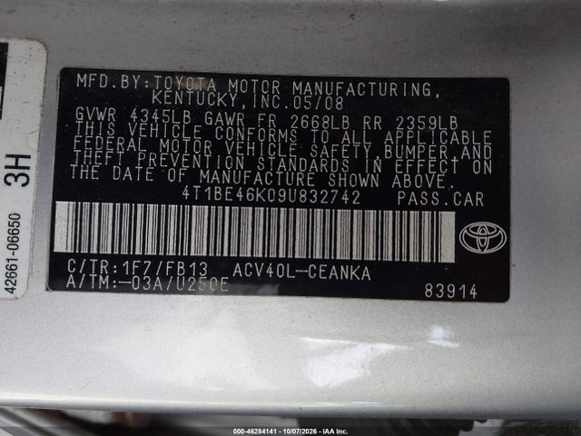 46284141 :رقم المزاد ، 4T1BE46K09U832742 vin ، 2009 Toyota Camry Le مزاد بيع