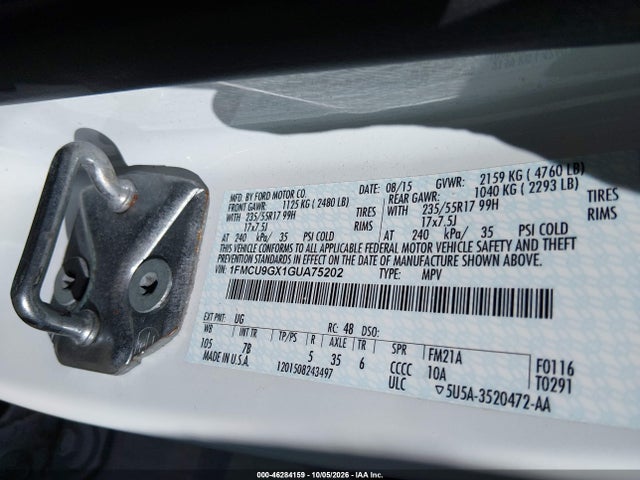 46284159 :رقم المزاد ، 1FMCU9GX1GUA75202 vin ، 2016 Ford Escape Se مزاد بيع
