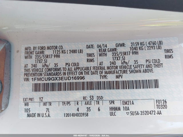 46284167 :رقم المزاد ، 1FMCU9GX3EUD16996 vin ، 2014 Ford Escape Se مزاد بيع