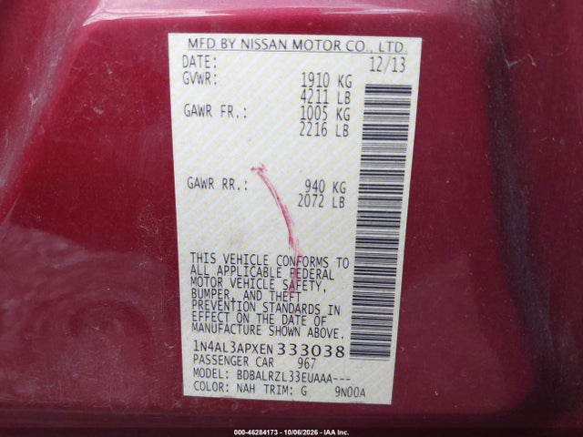46284173 :رقم المزاد ، 1N4AL3APXEN333038 vin ، 2014 Nissan Altima 2.5 S مزاد بيع