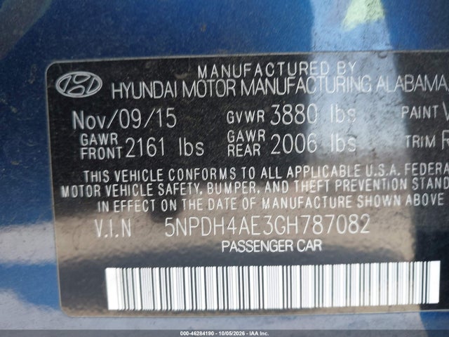 46284190 :رقم المزاد ، 5NPDH4AE3GH787082 vin ، 2016 Hyundai Elantra Se مزاد بيع