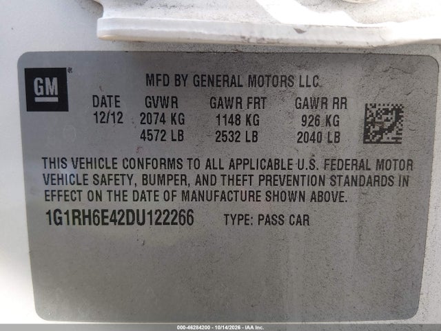 2013 Chevrolet Volt მანქანა იყიდება აუქციონზე, vin: 1G1RH6E42DU122266, აუქციონის ნომერი: 46284200