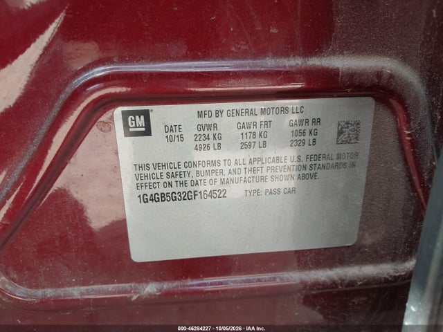 46284227 :رقم المزاد ، 1G4GB5G32GF164522 vin ، 2016 Buick Lacrosse Leather مزاد بيع