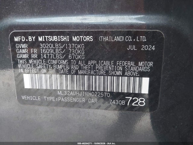 2024 Mitsubishi Mirage Es/le მანქანა იყიდება აუქციონზე, vin: ML32AUHJ1RH022570, აუქციონის ნომერი: 46284271