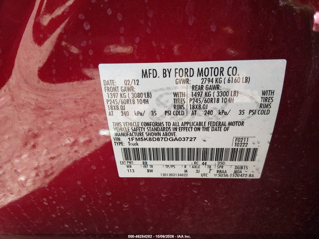 46284282 :رقم المزاد ، 1FM5K8D87DGA03727 vin ، 2013 Ford Explorer Xlt مزاد بيع