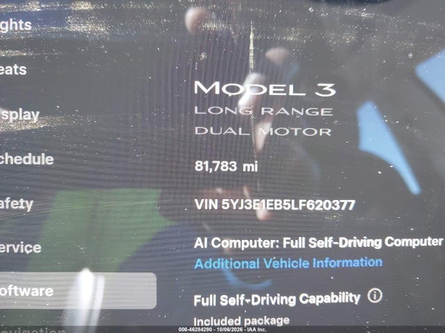 Продаж на аукціоні авто 2020 Tesla Model 3 Long Range Dual Motor All-wheel Drive, vin: 5YJ3E1EB5LF620377, номер лоту: 46284290