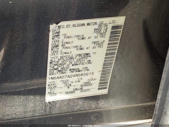 46284313 :رقم المزاد ، 1N6AA07A24N565615 vin ، 2004 Nissan Titan Se مزاد بيع