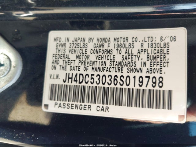 46284345 :رقم المزاد ، JH4DC53036S019798 vin ، 2006 Acura Rsx Type S مزاد بيع