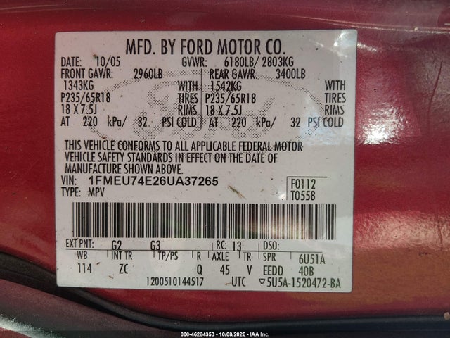 Продаж на аукціоні авто 2006 Ford Explorer Eddie Bauer, vin: 1FMEU74E26UA37265, номер лоту: 46284353