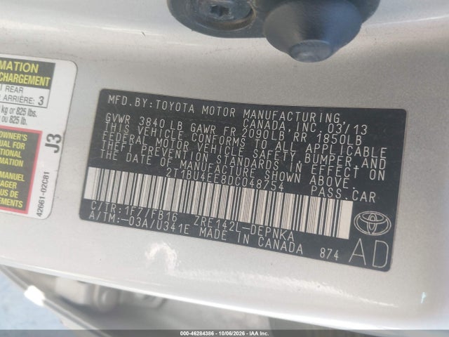 2013 Toyota Corolla Le მანქანა იყიდება აუქციონზე, vin: 2T1BU4EE8DC048754, აუქციონის ნომერი: 46284386