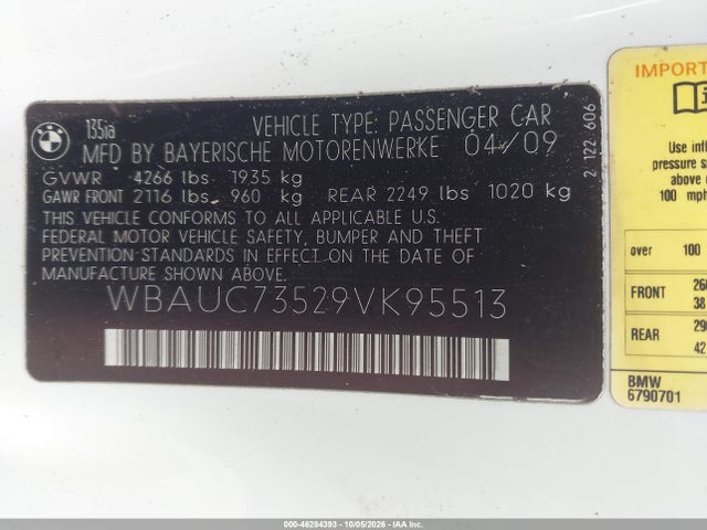 Продажа на аукционе авто 2009 Bmw 135i, vin: WBAUC73529VK95513, номер лота: 46284393