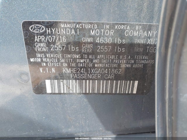Aukcja sprzedaży 2016 Hyundai Sonata Hybrid Se, vin: KMHE24L1XGA041862, numer aukcji: 46284443