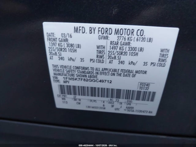 Ford Explorer Limited 2016 1FM5K7F82GGC49712 Image 9