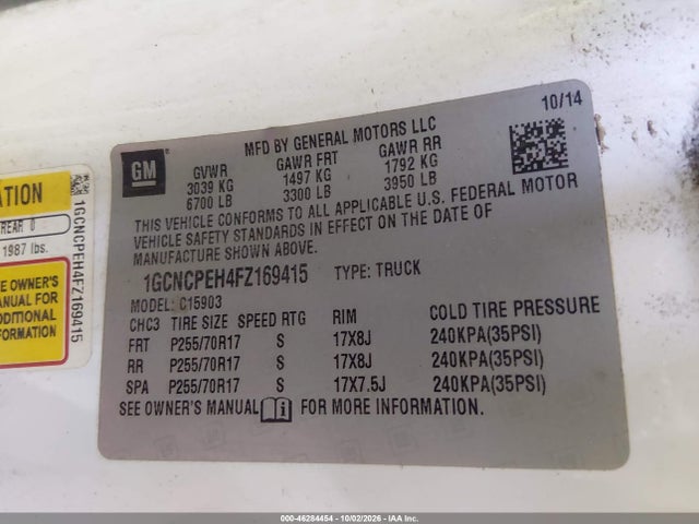 2015 Chevrolet Silverado 1500 Wt მანქანა იყიდება აუქციონზე, vin: 1GCNCPEH4FZ169415, აუქციონის ნომერი: 46284454