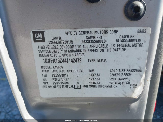 46284487 :رقم المزاد ، 1GNFK16Z44J142472 vin ، 2004 Chevrolet Suburban 1500 Lt مزاد بيع
