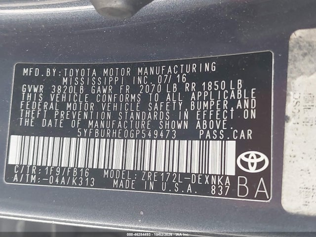 Aukcja sprzedaży 2016 Toyota Corolla Le, vin: 5YFBURHE0GP549473, numer aukcji: 46284493