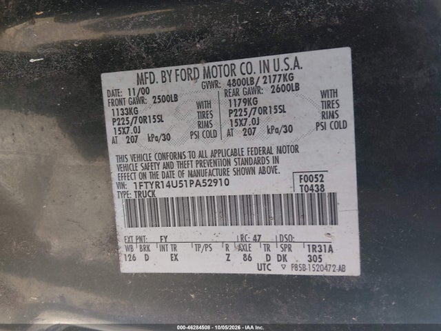 Продаж на аукціоні авто 2001 Ford Ranger Edge/xl/xlt, vin: 1FTYR14U51PA52910, номер лоту: 46284508