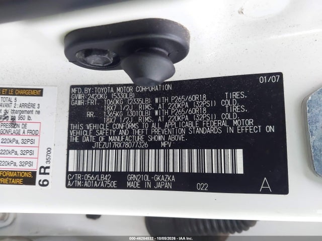 Aukcja sprzedaży 2007 Toyota 4runner Limited V6, vin: JTEZU17RX78077326, numer aukcji: 46284532