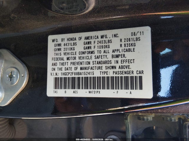 46284553 :رقم المزاد ، 1HGCP2F88BA152415 vin ، 2011 Honda Accord 2.4 Ex-l مزاد بيع
