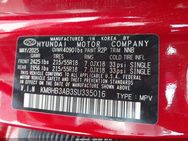 2025 Hyundai Kona Sel მანქანა იყიდება აუქციონზე, vin: KM8HB3AB3SU335016, აუქციონის ნომერი: 46284557
