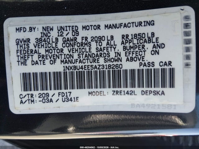 Продажа на аукционе авто 2010 Toyota Corolla S, vin: 1NXBU4EE5AZ318260, номер лота: 46284562