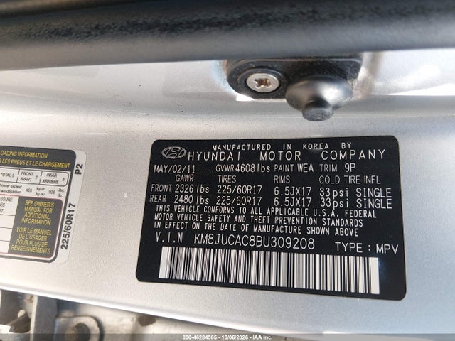 2011 Hyundai Tucson Gls მანქანა იყიდება აუქციონზე, vin: KM8JUCAC8BU309208, აუქციონის ნომერი: 46284565