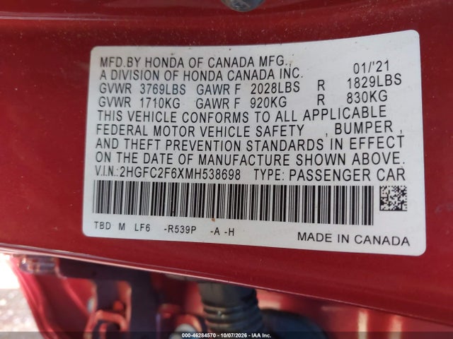 Aukcja sprzedaży 2021 Honda Civic Lx, vin: 2HGFC2F6XMH538698, numer aukcji: 46284570