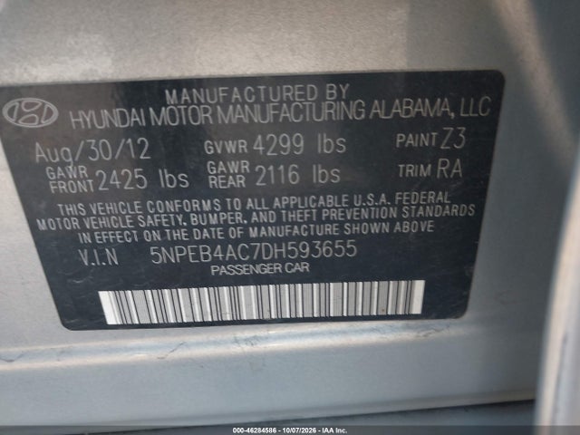 Aukcja sprzedaży 2013 Hyundai Sonata Gls, vin: 5NPEB4AC7DH593655, numer aukcji: 46284586