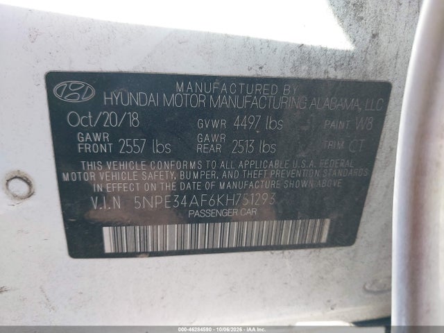 2019 Hyundai Sonata Sel მანქანა იყიდება აუქციონზე, vin: 5NPE34AF6KH751293, აუქციონის ნომერი: 46284590