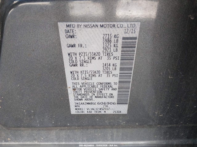 46284604 :رقم المزاد ، 5N1AR2MN8GC606906 vin ، 2016 Nissan Pathfinder Platinum مزاد بيع