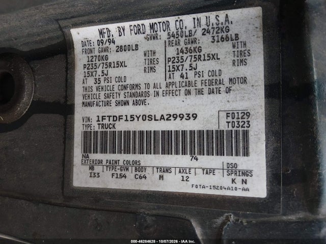 1995 Ford F150 მანქანა იყიდება აუქციონზე, vin: 1FTDF15Y0SLA29939, აუქციონის ნომერი: 46284628