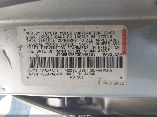Продаж на аукціоні авто 2003 Toyota Corolla Le, vin: JTDBR32E730046101, номер лоту: 46284665