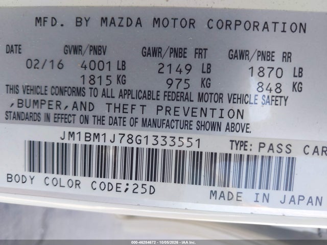 46284672 :رقم المزاد ، JM1BM1J78G1333551 vin ، 2016 Mazda Mazda3 I Sport مزاد بيع