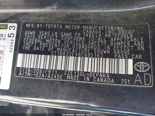 Продаж на аукціоні авто 2008 Toyota Corolla Le, vin: 2T1BR32E48C895163, номер лоту: 46284695