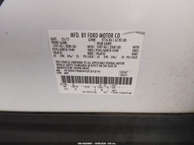 Aukcja sprzedaży 2017 Ford Explorer, vin: 1FM5K7B80HGC51210, numer aukcji: 46284697