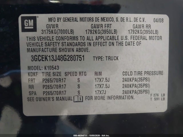 46284711 :رقم المزاد ، 3GCEK13J48G280751 vin ، 2008 Chevrolet Silverado 1500 Lt1 مزاد بيع