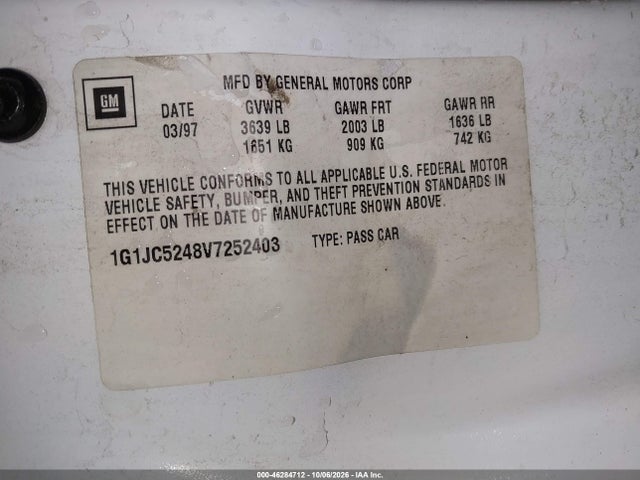 46284712 :رقم المزاد ، 1G1JC5248V7252403 vin ، 1997 Chevrolet Cavalier مزاد بيع