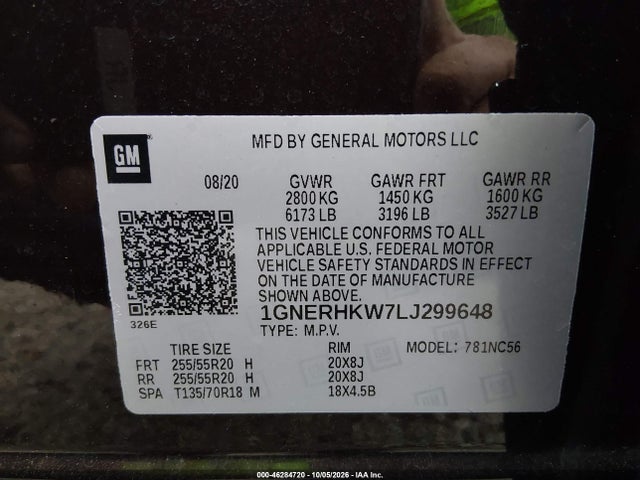 Продажа на аукционе авто 2020 Chevrolet Traverse Fwd Lt Leather, vin: 1GNERHKW7LJ299648, номер лота: 46284720