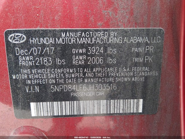 46284743 :رقم المزاد ، 5NPD84LF6JH303516 vin ، 2018 Hyundai Elantra Value Edition مزاد بيع