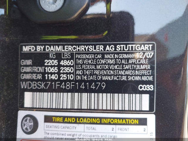 Aukcja sprzedaży 2008 Mercedes-benz Sl 550, vin: WDBSK71F48F141479, numer aukcji: 46284754