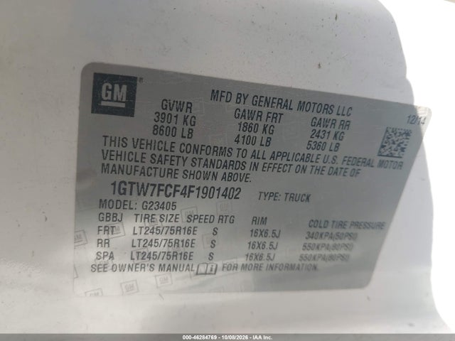 Продажа на аукционе авто 2015 Gmc Savana 2500 Work Van, vin: 1GTW7FCF4F1901402, номер лота: 46284769