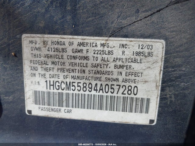 Продаж на аукціоні авто 2004 Honda Accord 2.4 Ex, vin: 1HGCM55894A057280, номер лоту: 46284773