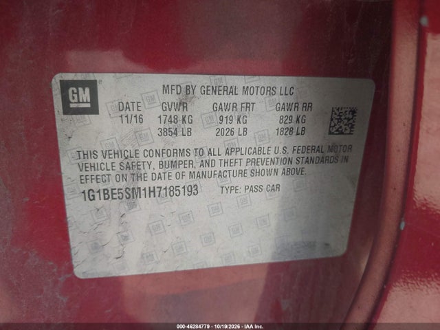 Продаж на аукціоні авто 2017 Chevrolet Cruze Lt Auto, vin: 1G1BE5SM1H7185193, номер лоту: 46284779
