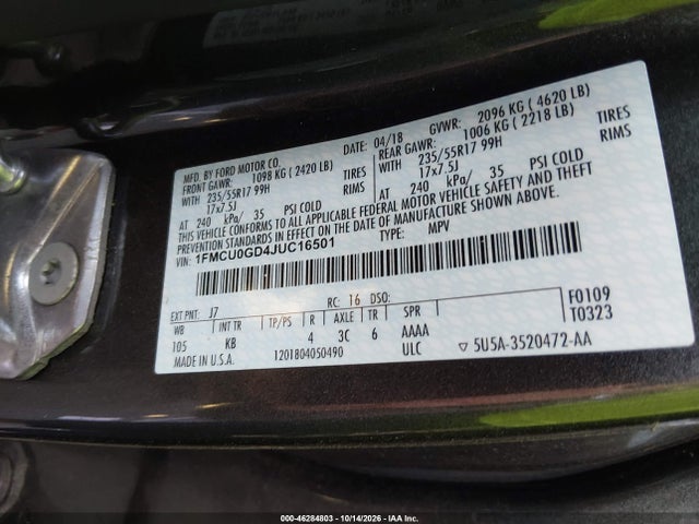 Продаж на аукціоні авто 2018 Ford Escape Se, vin: 1FMCU0GD4JUC16501, номер лоту: 46284803