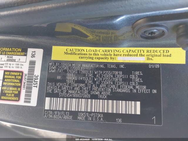 2009 Toyota Tundra Sr5 5.7l V8 მანქანა იყიდება აუქციონზე, vin: 5TFEV54189X070809, აუქციონის ნომერი: 46284809